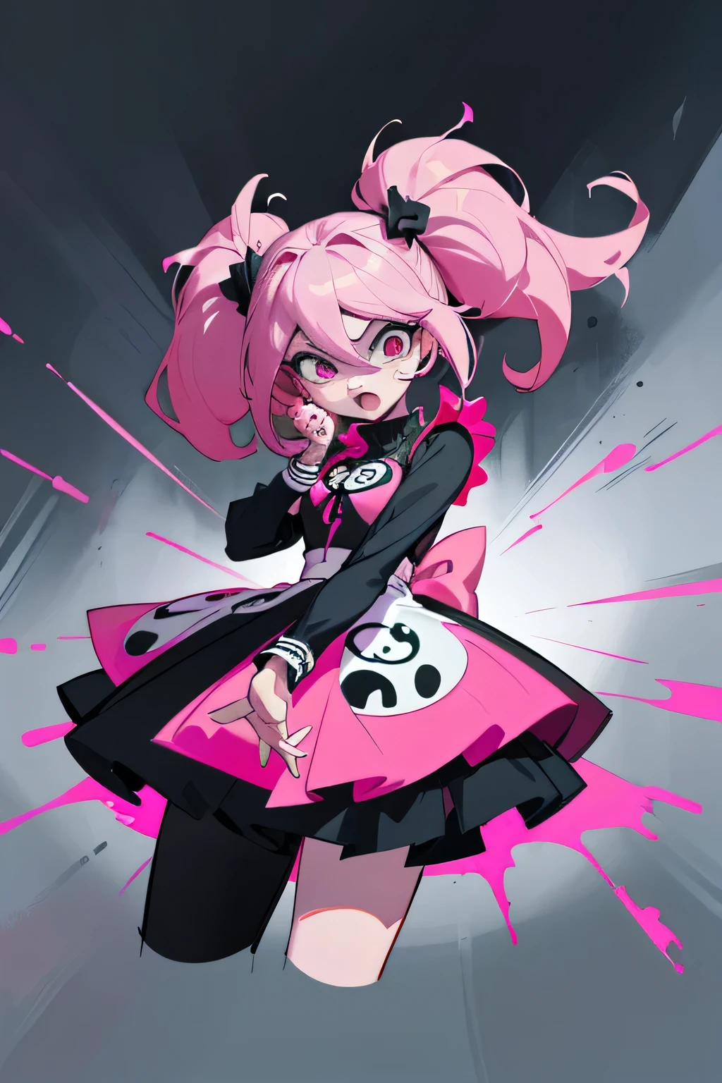 anime girl with pink hair and black top and black pants, 1 7 - year - old anime goth girl,  in dress, junko enoshima, anime style character, in an anime style, anime girl named lucy, anime style”, emo anime girl, anime moe artstyle, anime monster girl, junko enoshima from danganronpa, anime styled, A stylized anime character standing in a front-facing position, with a surprised or confused expression. The character has large, round red eyes that are wide open, giving an intense and startled appearance. The hair is voluminous, black with vibrant pink highlights, styled into two large, messy pigtails that fan out dramatically, emphasizing the chaotic energy of the character. The character is dressed in a black, form-fitting turtleneck with a bright pink apron-like garment over it, creating a strong contrast between the dark and bright colors. The figure has a slender build with well-defined anatomy, featuring long, smooth limbs and a slight hourglass figure, maintaining a balance between stylization and realistic proportions. The art style is high-contrast, with bold black, white, and pink tones, utilizing sharp, clean lines and minimal shading. The character's facial features are sharp and defined, with a small nose and a slightly open mouth, further accentuating the expression of surprise. The overall visual is bold and striking, with a focus on the intense contrast and the dynamic pose of the character. The background is plain, ensuring that all attention is directed towards the character. The style is a mix of minimalism and boldness, with a strong emphasis on contrast and color saturation to create a visually impactful image.