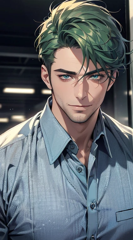 (best quality,4k,8k,highres,masterpiece:1.2),ultra-detailed,(realistic,photorealistic,photo-realistic:1.37),1 man,31 years old,mature man,very handsome,without expression,smile,short green hair,blue eyes,penetrating gaze,perfect face without errors,imposing posture,businessman,office background,cinematic lighting,hdr image