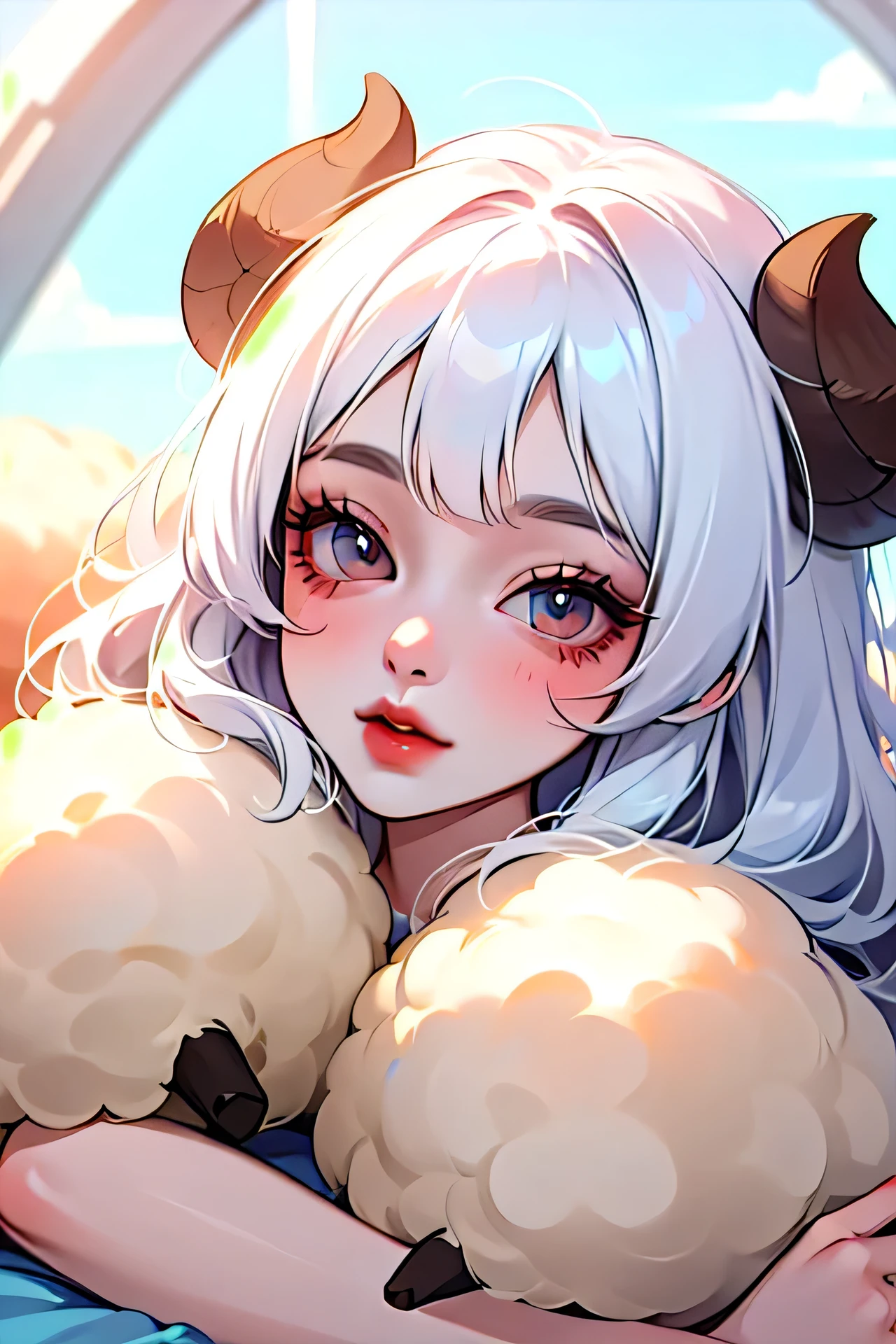 (High quality) (best quality) (A woman) (correct physiognomy) (perfect pupils) (perfect eyes) woman Human-sheep hybrid, deep white hair, long and fluffy, two Sheep ears coming out of her head, Red eyes, sensitive lips, feminine appearance, soft facial features, thin eyebrows, soft skin, rosy cheeks, rosy lips, silky eyelashes, dreamy expression, middle age, youthful clothing, sweatshirt with print sheep, photo illuminated by sunlight, Woman lying in her bed.