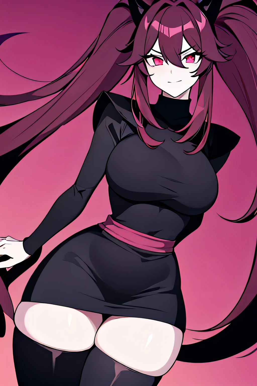 High tail hairstyle, Ponytail hairstyle, Long wavy black hair, standing posing, anime girl style, pixel art anime style,penetrating look with deep eyes,red and purple eyes, hair with a ponytail hairstyle trapped with a big red bun, women, red hair clips, x color shaped hair clips , smiling face blush, next to his bed, lingerie, tank top, Black hair, mini skirt, big thighs,