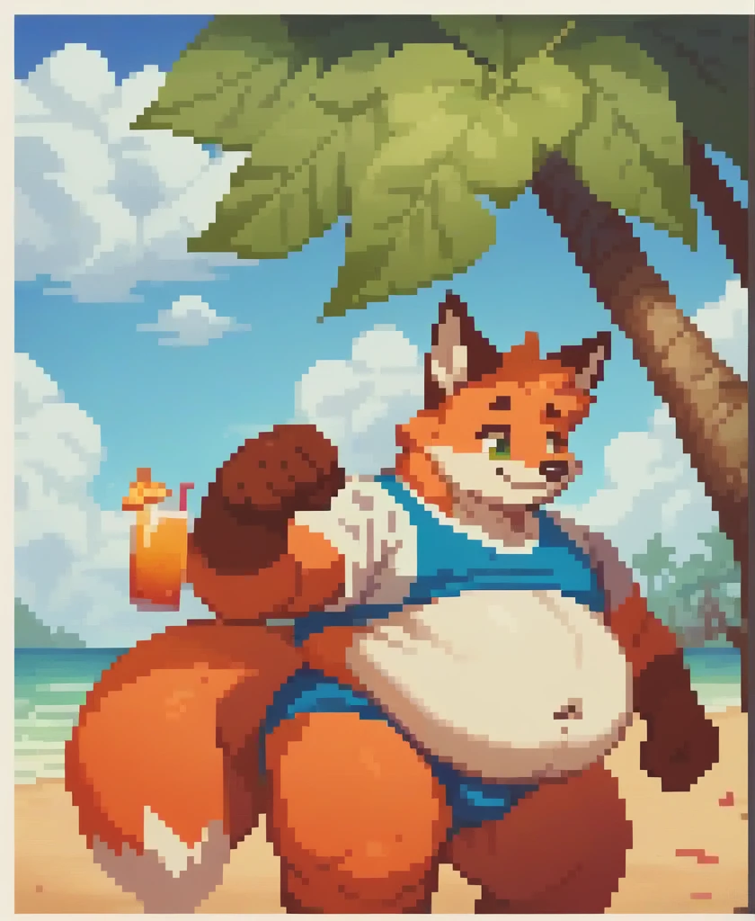 4k, pixel, 32bits, detailed eyes, green eyes, obese, gluttonous orange fox boy, big belly, furry, tree leaf over head, smile, beach clothes, beach background