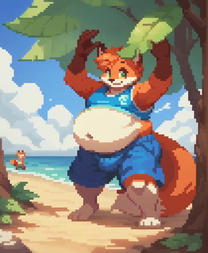 4k, pixel, 32bits, detailed eyes, green eyes, obese, gluttonous orange fox boy, big belly, furry, tree leaf over head, smile, beach clothes, beach background