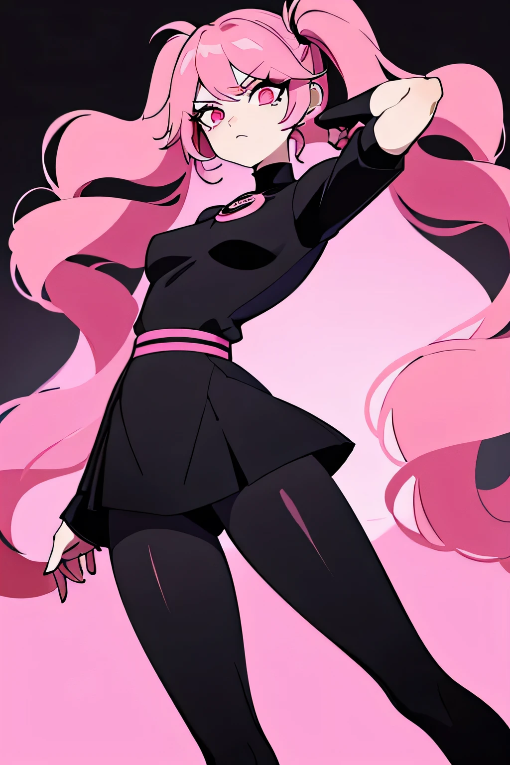 anime girl with pink hair and black top and black pants, 1 7 - year - old anime goth girl,  in dress, junko enoshima, anime style character, in an anime style, anime girl named lucy, anime style”, emo anime girl, anime moe artstyle, anime monster girl, junko enoshima from danganronpa, anime styled, A stylized anime character standing in a front-facing position, with a surprised or confused expression. The character has large, round red eyes that are wide open, giving an intense and startled appearance. The hair is voluminous, black with vibrant pink highlights, styled into two large, messy pigtails that fan out dramatically, emphasizing the chaotic energy of the character. The character is dressed in a black, form-fitting turtleneck with a bright pink apron-like garment over it, creating a strong contrast between the dark and bright colors. The figure has a slender build with well-defined anatomy, featuring long, smooth limbs and a slight hourglass figure, maintaining a balance between stylization and realistic proportions. The art style is high-contrast, with bold black, white, and pink tones, utilizing sharp, clean lines and minimal shading. The character's facial features are sharp and defined, with a small nose and a slightly open mouth, further accentuating the expression of surprise. The overall visual is bold and striking, with a focus on the intense contrast and the dynamic pose of the character. The background is plain, ensuring that all attention is directed towards the character. The style is a mix of minimalism and boldness, with a strong emphasis on contrast and color saturation to create a visually impactful image.