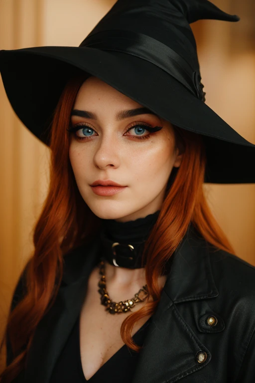 annitheduck wearing witch cosplay, vivid eyes, ginger hair, heavy makeup, looking at the viewer, convention hall, a stunning intricate full color portrait, epic character composition, by ilya kuvshinov, alessio albi, nina masic, sharp focus on eyes, natural lighting, subsurface scattering, f2, 35mm, film grain