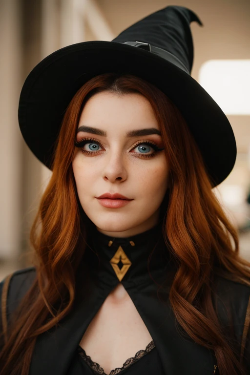 annitheduck wearing witch cosplay, vivid eyes, ginger hair, heavy makeup, looking at the viewer, convention hall, a stunning intricate full color portrait, epic character composition, by ilya kuvshinov, alessio albi, nina masic, sharp focus on eyes, natural lighting, subsurface scattering, f2, 35mm, film grain