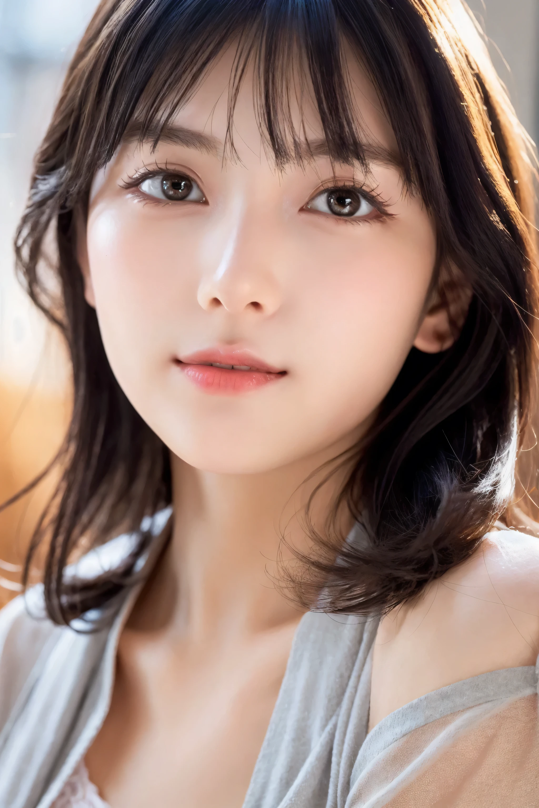(8k, RAW Photo, Best Quality, Masterpiece:1.2), table top, Ultra Detail, Super Resolution, (Realistic, Realistic Photo:1.37), Portrait, High Detail RAW Color Photo, Professional Photo, Extremely Detailed and Beautiful, Extremely detailed, 8k wallpaper, amazing and detailed, huge file size, official art, highly detailed CG unity 8k wallpaper, highly detailed beautiful girl, highly detailed face, highly detailed eyes, highly detailed skin, highly detailed fingers, highly detailed nose, very detailed detailed mouth , perfect anatomy, highly detailed background, highly detailed clothes, 1girl, 17 year old girl, cute girl, realistic body, fair skin, glowing skin , slim body, handsome body, black hair , semilong hair, (blunt bangs:1.2), smile, cute, youthful, cute face, realistic face, delicate eyes, drooping eyes, looking at viewer, facing front, standing posture, Contraposto, dynamic lighting, ((face closeup)), (medium chest), (Perfect Body Proportions), (slender Body Proportions), (bedroom), super sexy pose, ((colorful lingerie)),