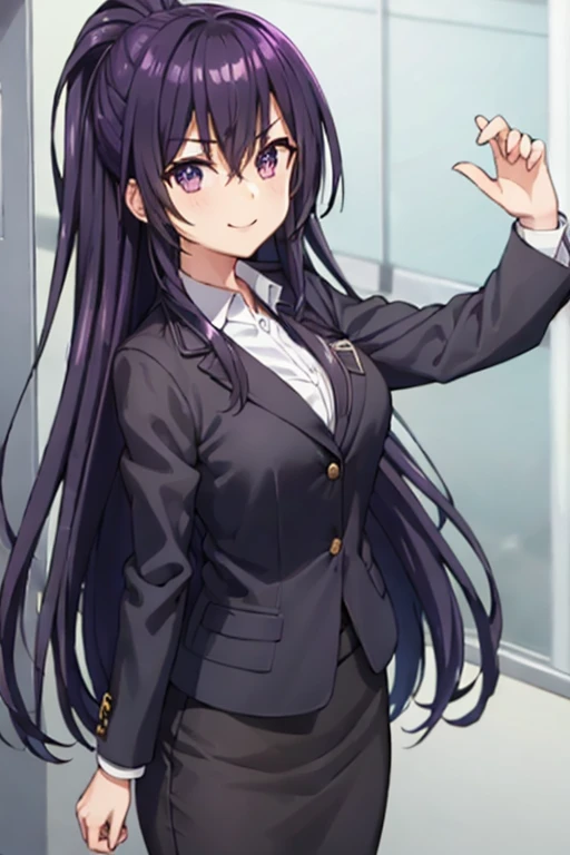 1girl, tohka yatogami, suit, office lady, black skirt, black blazer, pencil skirt, white shirt, collared shirt, long hair, teenager, looking at viewer, full body, smiling