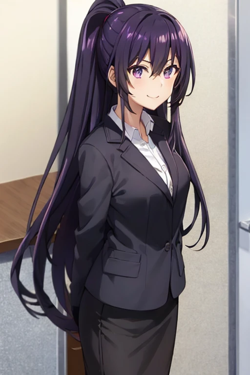 1girl, tohka yatogami, suit, office lady, black skirt, black blazer, pencil skirt, white shirt, collared shirt, long hair, teenager, looking at viewer, full body, smiling