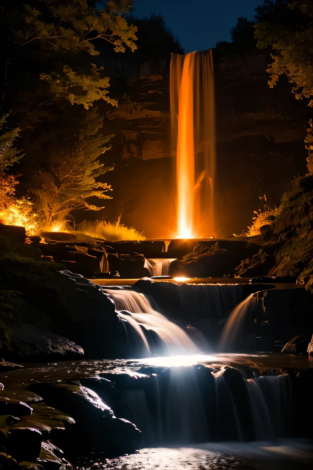 night, A waterfall illuminated by orange light