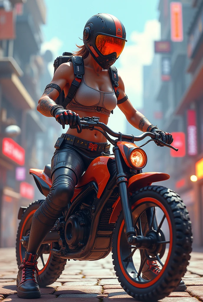 Highly Detailed Female Characters in a Team-Based Action Shooting Video Game、Job Title: tank、Women's BMX Freestyle Park Final、Futuristic bicycle、Exquisitely Rendered Muscular Body、Broad shoulders、Thick chest、Developed brachial muscles、Toned Abs、developed thigh muscles、Beautifully detailed face、Very short hair、Rose Gold Color Scheme、Tactical Helmet、Concept Art、Intricate details、Surreal、8k、Highest quality、Realistic、masterpiece