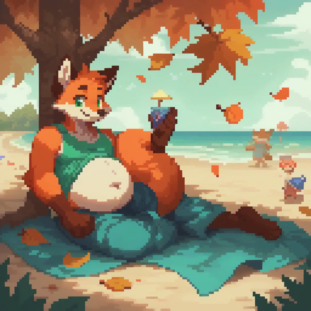 4k, pixel, 32bits, detailed eyes, green eyes, obese, gluttonous orange fox boy, big belly, furry, tree leaf over head, smile, ear stud, grey beach clothes, beach background