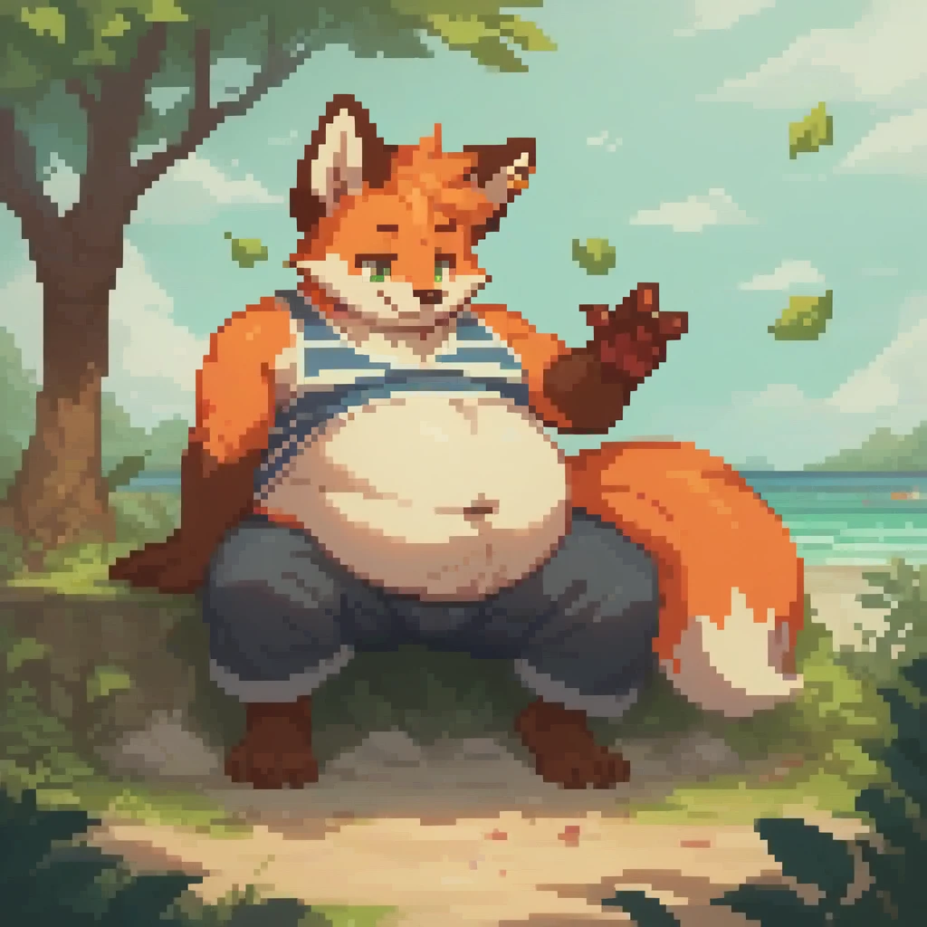 4k, pixel, 32bits, detailed eyes, green eyes, obese, gluttonous orange fox boy, big belly, furry, tree leaf over head, smile, ear stud, grey beach clothes, beach background