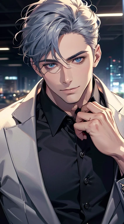 (best quality,4k,8k,highres,masterpiece:1.2),ultra-detailed,(realistic,photorealistic,photo-realistic:1.37),1 man,31 years old,mature man,very handsome,without expression,smile,short grey blue hair,blue eyes,penetrating gaze,perfect face without errors,imposing posture,businessman,office background,cinematic lighting,hdr image
