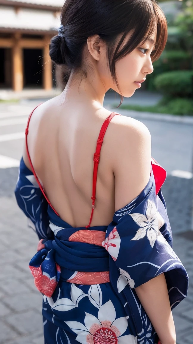 Japanese woman with black bob hair、She is wearing a yukata and her female genitals are completely visible.