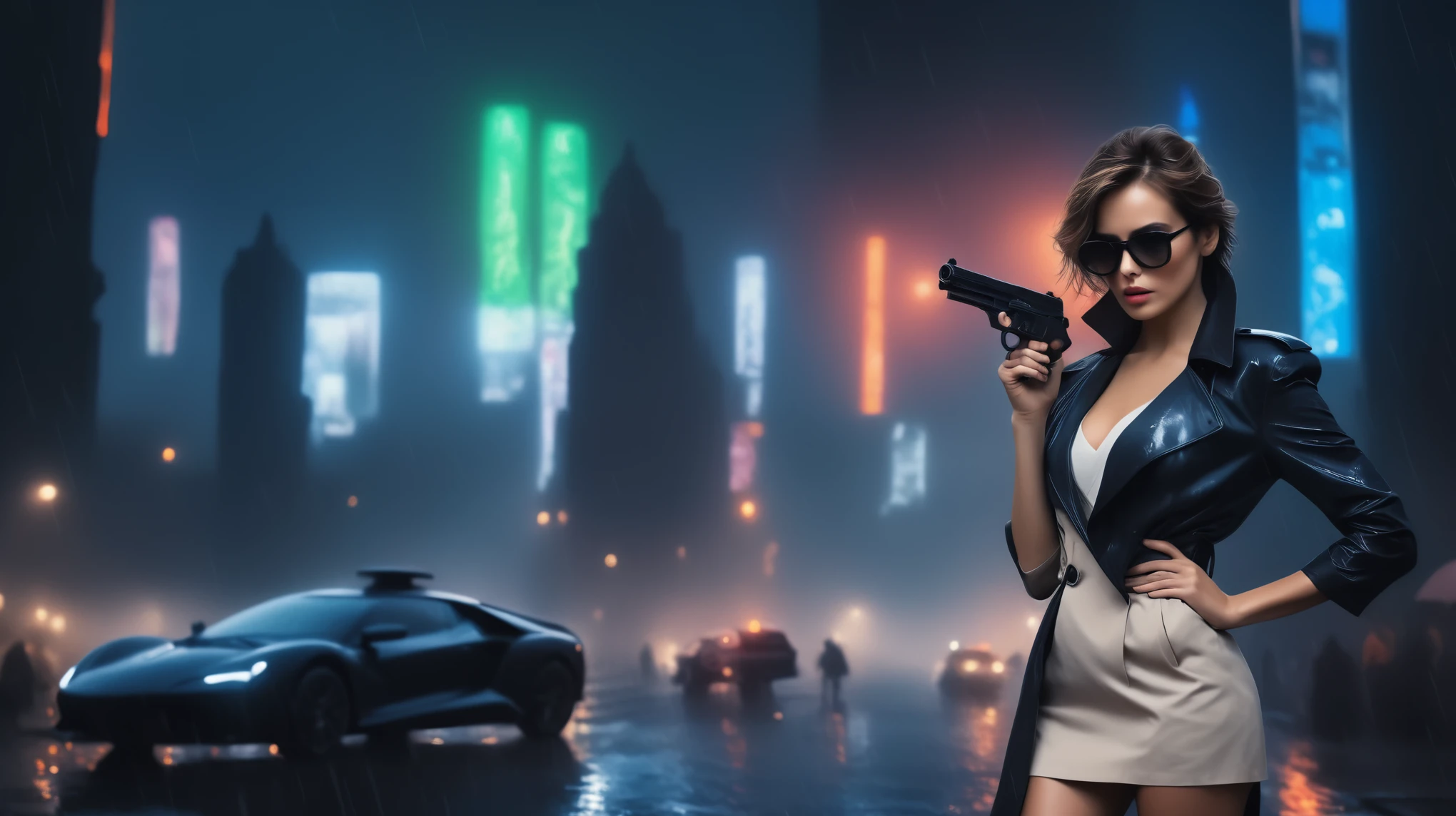 (Hyper-realistic photograph:1.4), Captivating scene under the rain at night on a rooftop, a sexy slim woman, large breast cleavage, with short brown hair, three-quarters view, Black trench coat, (black sunglasses, holding a short gun), with a dark rainy city landscape in background, blue eyes, photography style, (half-body shot:1.3), (contemplative expression:1.2),(well-lit:1.2) Extremely Realistic, serendipity art, (sharp focus:1.3), intricate details, highly detailed, by God himself, original shot, masterpiece, detailed and intricate, Movie Still, guttojugg1