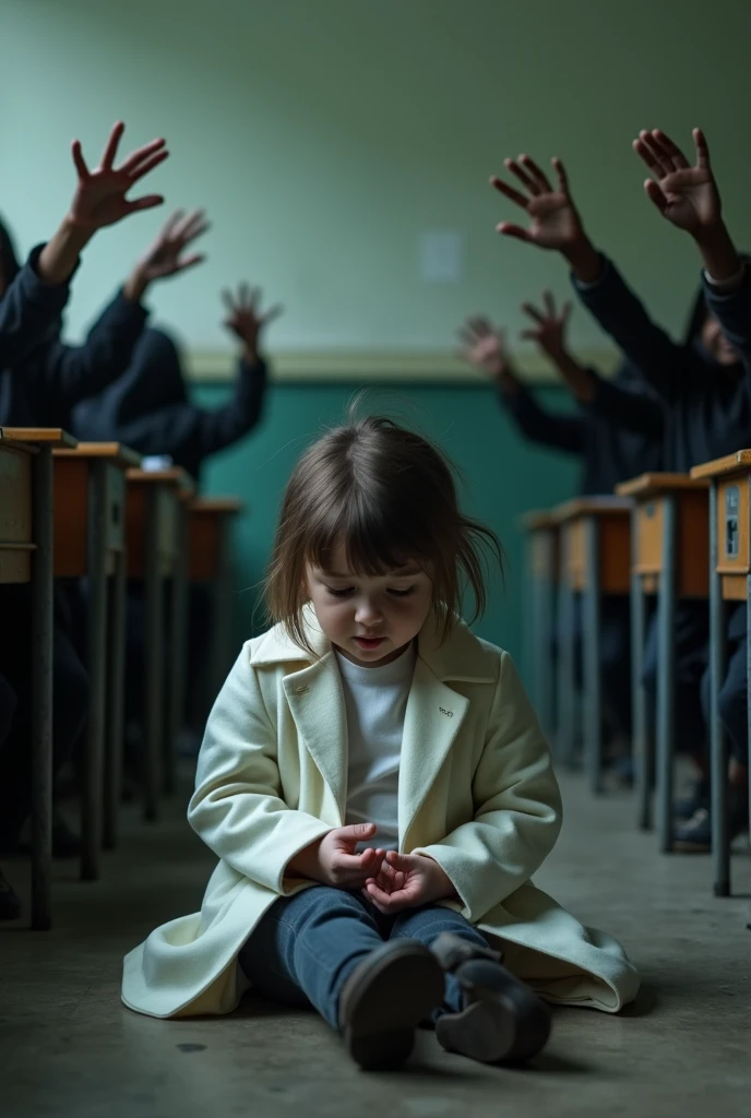 An afraid girl wearing white coat sitting on the floor and everyone pointing finger towards her 