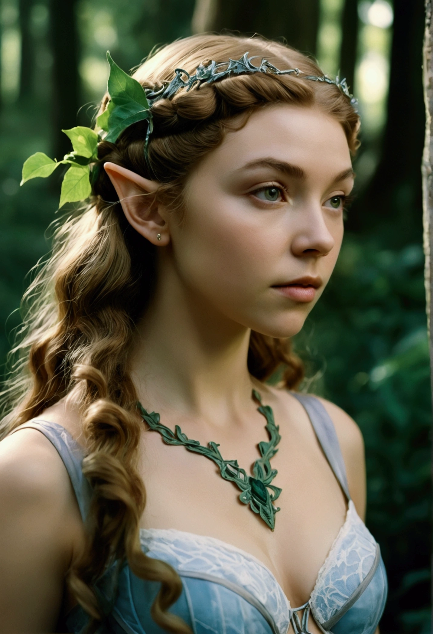 analog film photo, photo of an elven maiden, 18 years old, elf ears, long wavy curls, wearing a lacey bra and a lacey thong, resembles Margaery Tyrell, strolling along a fantasy landscape, RAW Photograph, dslr, soft lighting, high quality, film grain, Fujifilm XT3, detailed skin with visible pores, insane details, masterpiece, 8k, 35mm photograph, dslr, kodachrome, faded film, desaturated, grainy, vintage, Lomography, stained, highly detailed, found footage, close-up shot, elven ears