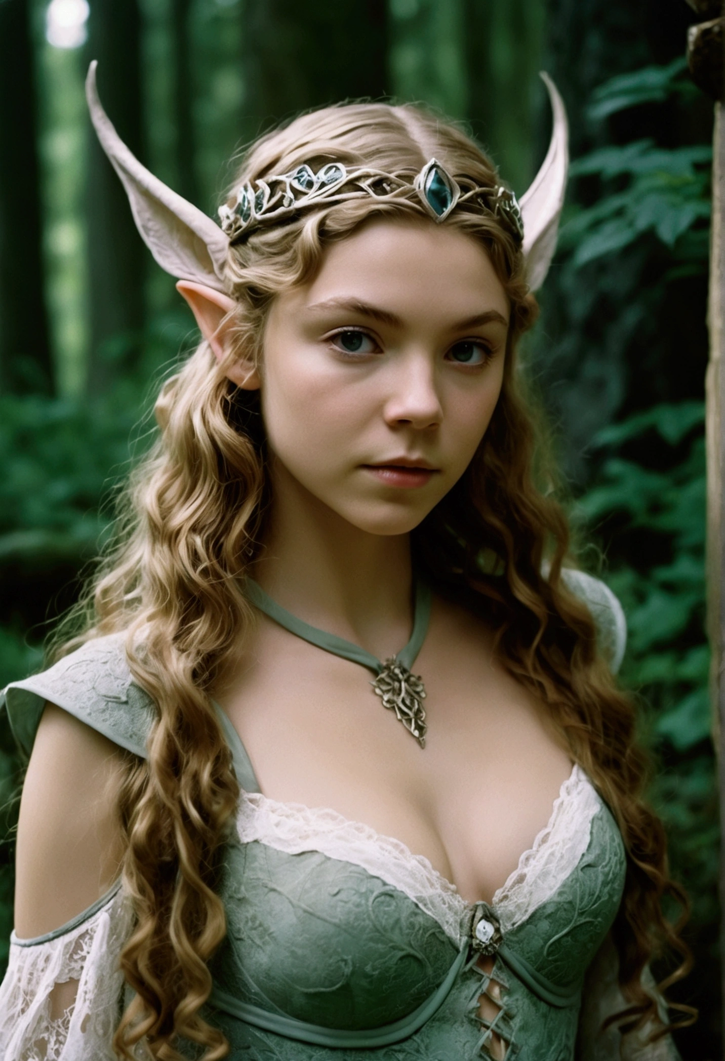 analog film photo, photo of an elven maiden, 18 years old, elf ears, long wavy curls, wearing a lacey bra and a lacey thong, resembles Margaery Tyrell, strolling along a fantasy landscape, RAW Photograph, dslr, soft lighting, high quality, film grain, Fujifilm XT3, detailed skin with visible pores, insane details, masterpiece, 8k, 35mm photograph, dslr, kodachrome, faded film, desaturated, grainy, vintage, Lomography, stained, highly detailed, found footage, close-up shot, elven ears