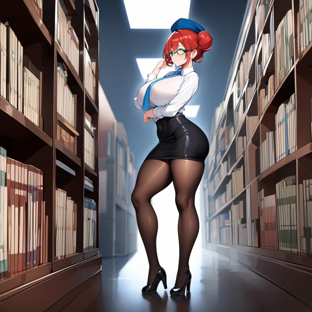Perfect anatomy, perfect face, perfect eyes, 1 anime woman, milf body, red hair, one bun, blue beret, green eyes, glasses, shy face, librarian clothing, white blouse, blue tie, black tight skirt, long white stockings, black shoes, big breasts, big ass, solo