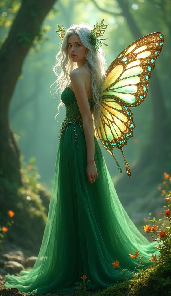 A beautiful American fairy with silver hair and green eyes wearing an emerald dress. She has large butterfly wings on her back in the style of digital art and fantasy inspired characters. The background is fantasy with hyperrealistic portraits and fantasy illustrations in the style of magical realism. 