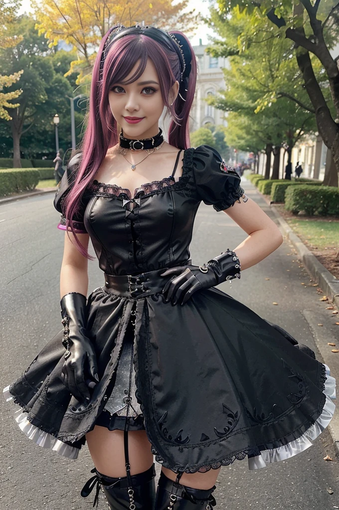 sexy stylish female model, only 1 female, ((doll-like appearance)), long stylish hair, ((shiny Punk-Style boots)), (happy smile), ultra detailed eyes, long lashes, metallic makeup, lipgloss, ((sexy Punk Lolita cosplay)), unconventional skirt, petticoats, high neckline, ((ultra detailed lace)), ((ultra detailed embroidery)), intricate details, tartan patterns, safety pins, Punk Lolita accessoires, short black gloves, Punk Lolita choker, ((large sparkling Punk Lolita jewelry)), cinematic light, detailed sunny large park background with trees