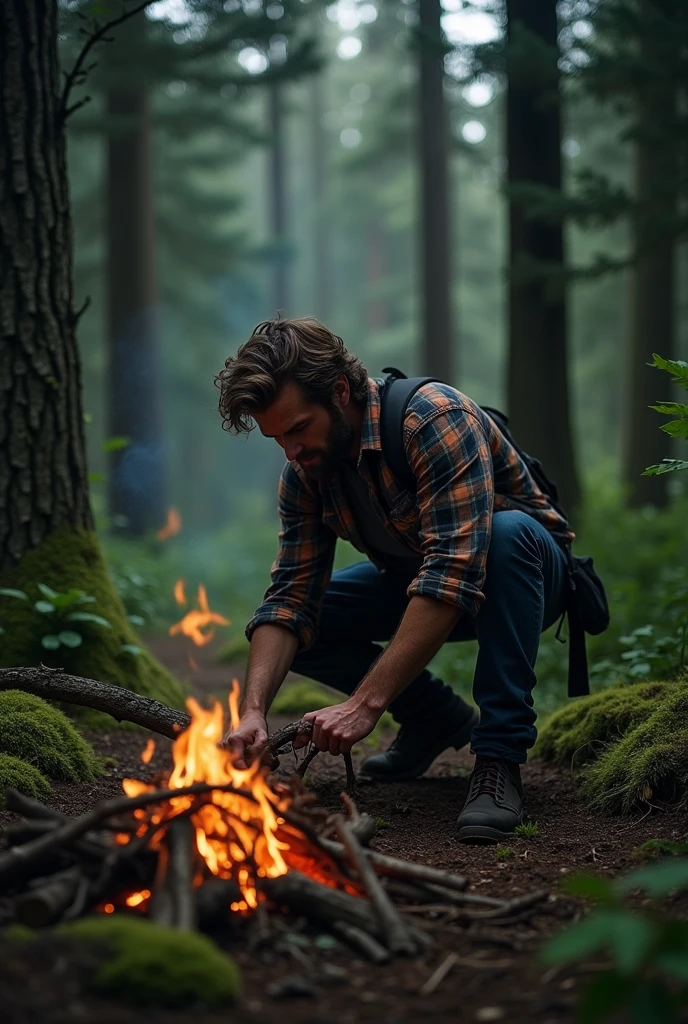 Create a high-quality image of a man gathering firewood in a dark forest to put on a campfire.