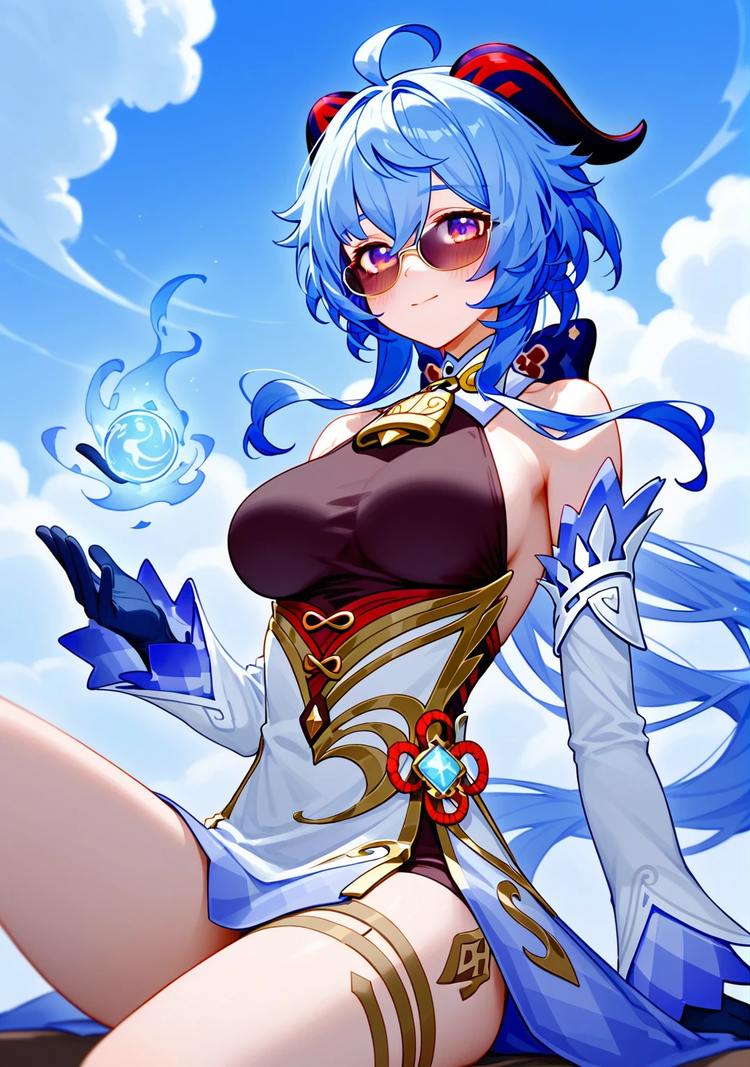 (from below:0.6), score_9_up,score_8_up, ganyu \(genshin impact\), Purple eyes, long hair, light blue hair that ends in shades of darker blue, long ponytail, Brownish horns with red engravings, turn backwards, alternate costume, black high neck halter top, bare shoulders, 1girl, solo,((blush)), closed mouth, smile, large breasts, pose, ((sitting)), (thin girl:1.2),clouds, long gloves, (((blue magic))), belts, straps, ((aura))
