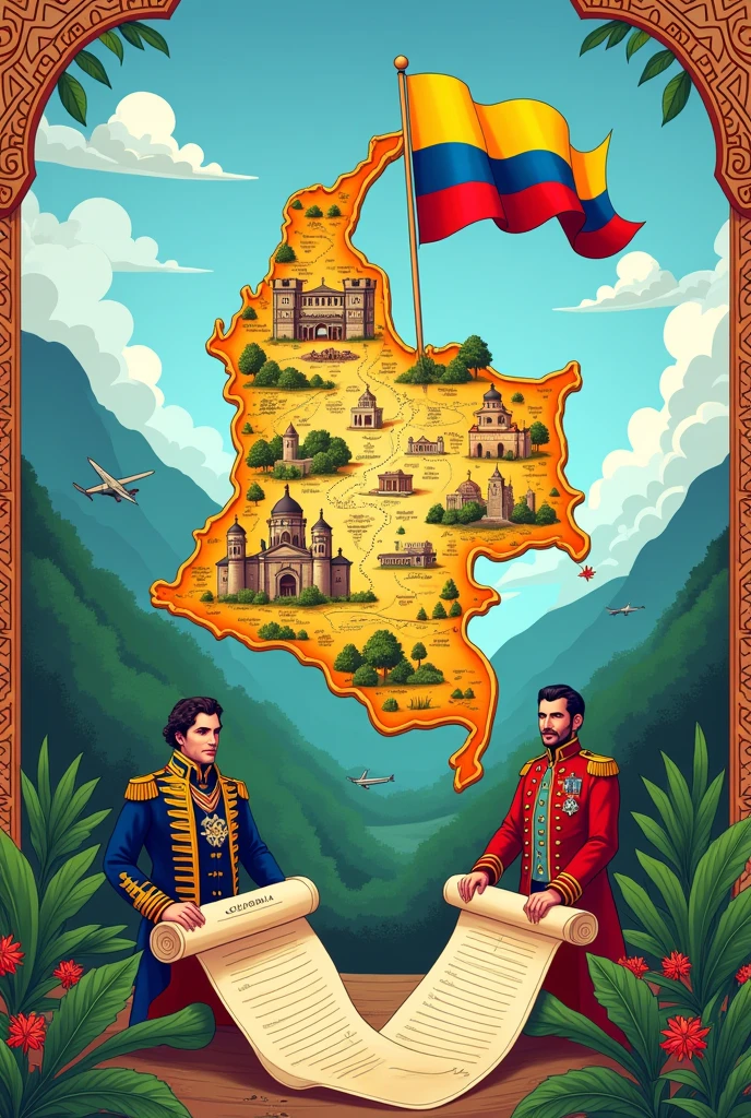 cartoon: A map of Colombia with a waving flag, surrounded by historical figures such as Simon Bolivar and Francisco de Paula Santander.