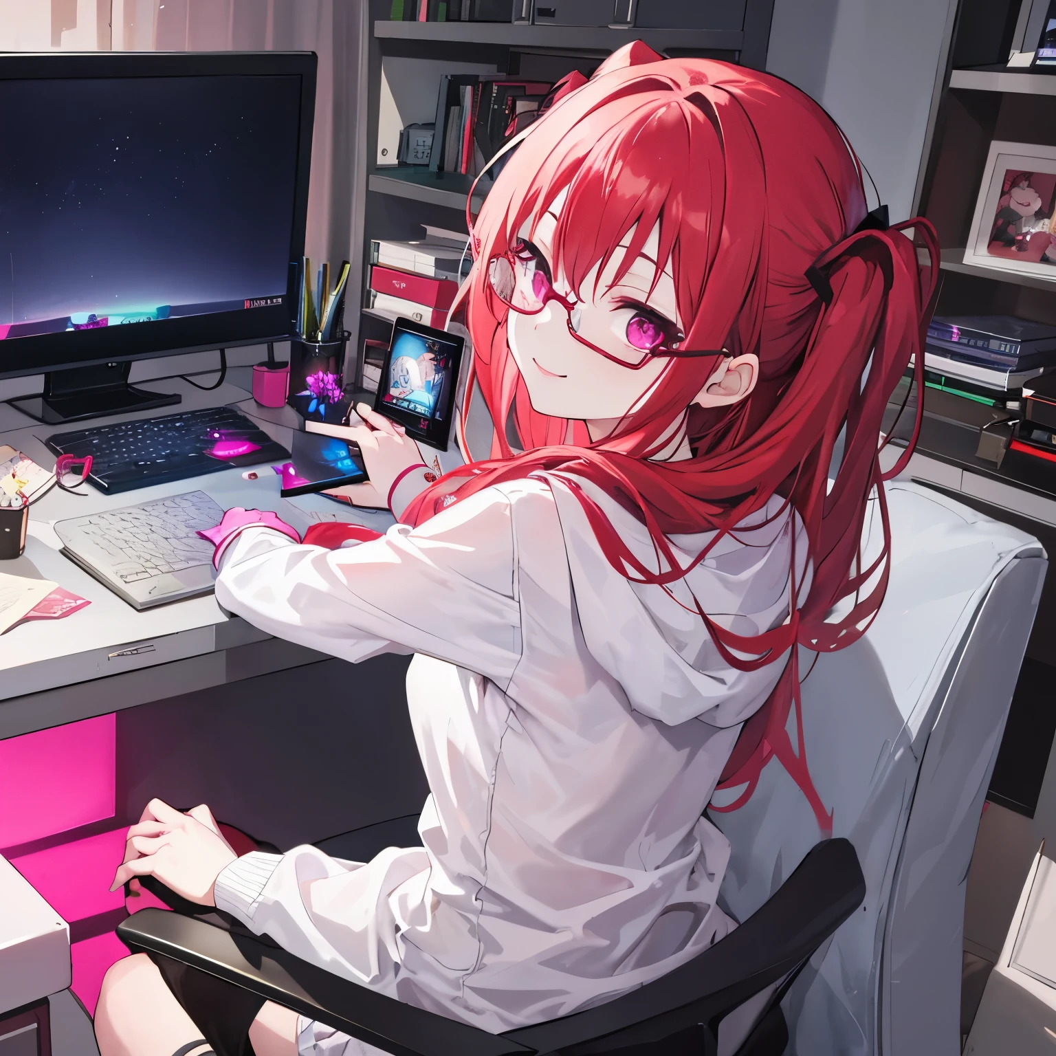 quiet night with the lights off in her room Satanichia mcdowell from behind with her glasses on with a smile while she is posing with her gamer computer red hair and magenta eyes dressed in comfortable and light clothing