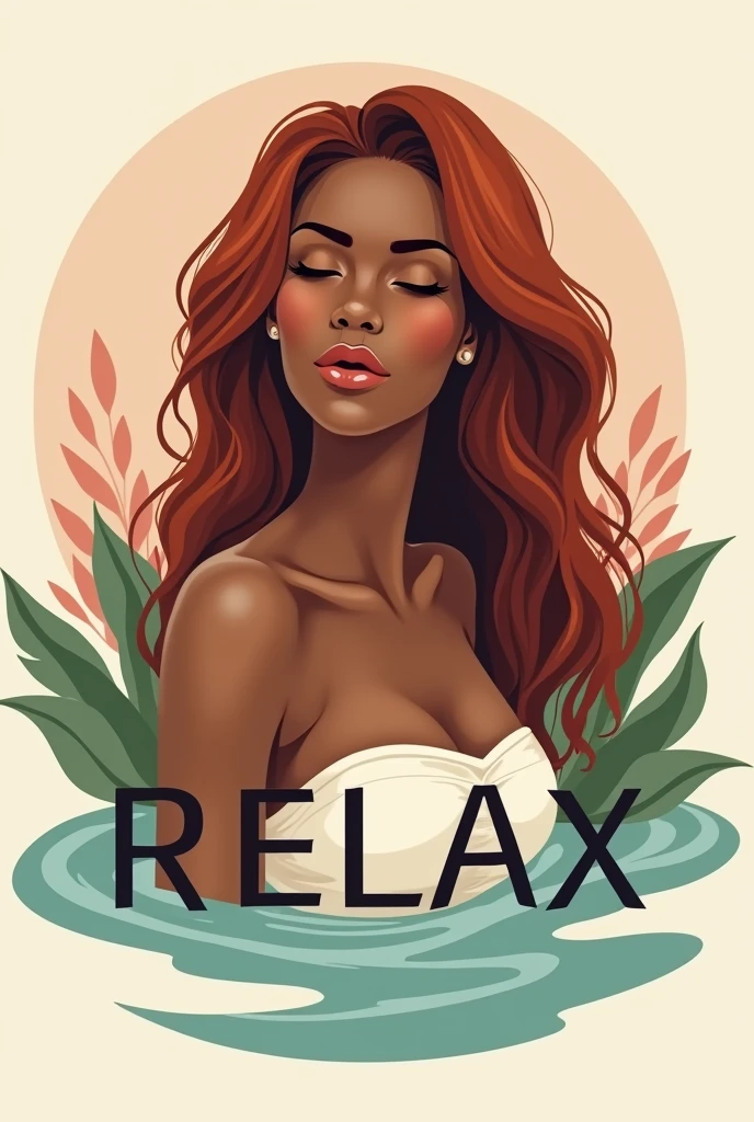 Logo for a women's spa and massage service with the name "RELAX"
Relaxed, very dark-skinned woman with long, wavy reddish hair