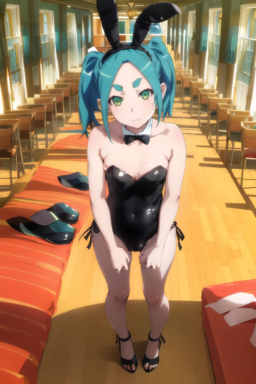 (ononoki yotsugi),One girl, View your viewers,
(black Playboy Bunny: 1.3), (barefoot: 1.3), (black high-heels: 1.3)
Aqua Hair, short hair, Green Eyes, Twin tails, Thick eyebrows,
garden, wood, close,
Are standing, Place your arms between your legs,
Expressionless, Mouth closed,