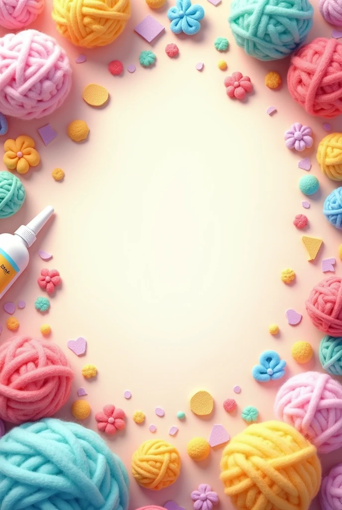 Create a logo for a crafts business that shows various elements like wool, foamix, silicón, pegamento, cardboard among others with an anime-style art where it gives that feeling of tenderness leaving a space for a text in the center of the logo