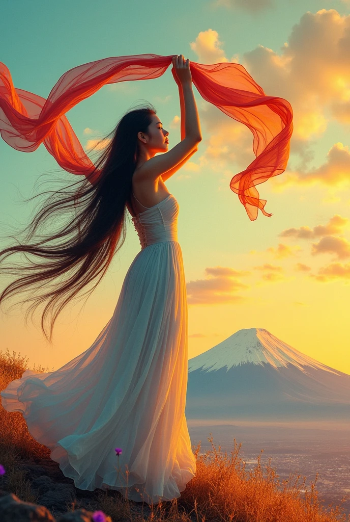 A vibrant background of colors. The dominant colors include shades of muted gold, teal, orange, and purple. The focal point is a woman standing in a field in profile, holding a large, very long, billowy scarf in the wind over her head. Her hair is long and blowing . Hyper photo realistic. Large plot, typography, photo, conceptual art, painting, illustration, fashion, 3d render, portrait photography, cinematic, dark fantasy,japanese woman, mt.fuji 