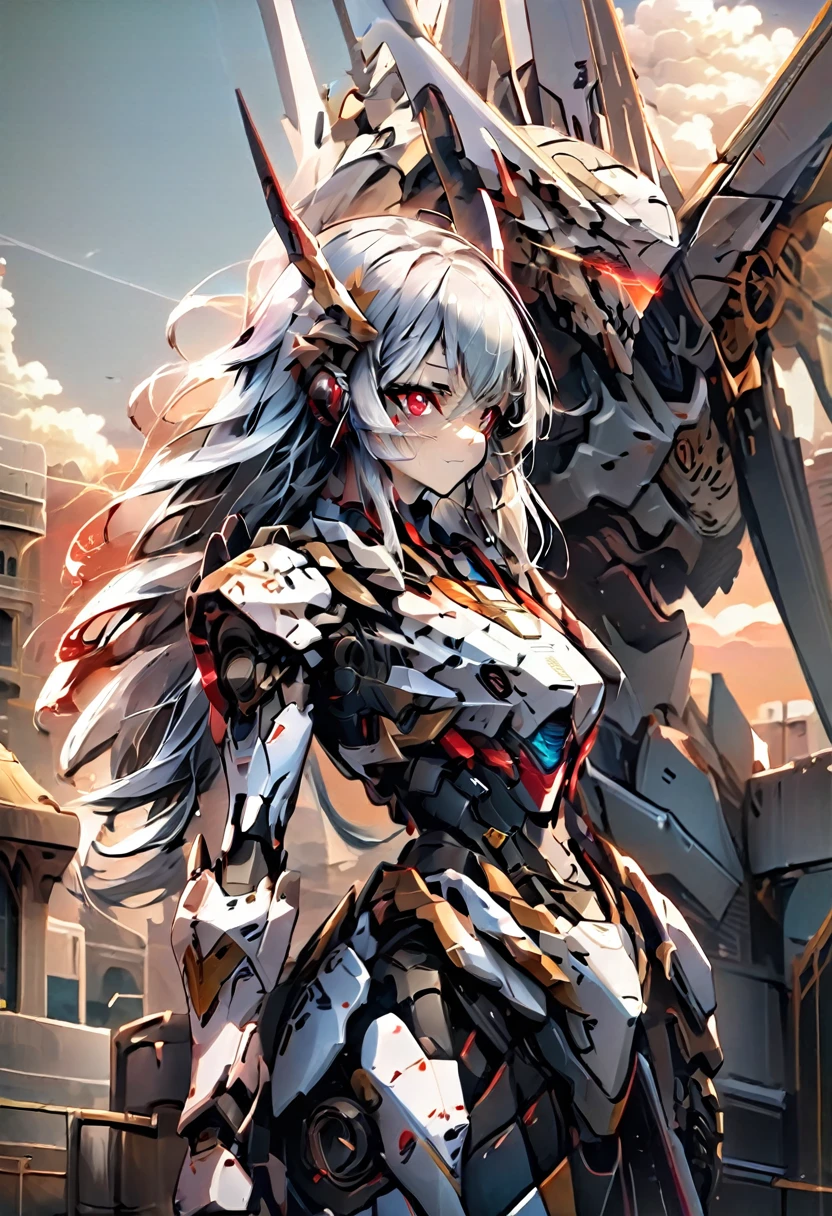 masterpiece, best quality, extremely detailed ,1woman, mecha girl, long hair, gray hair, red eyes, castle, sunset