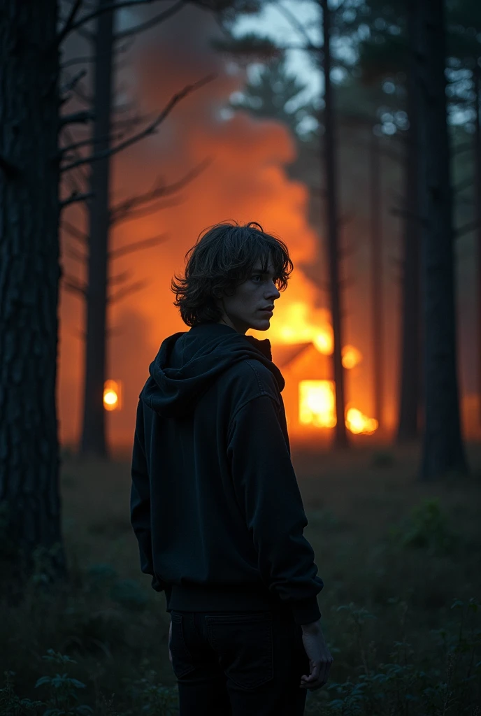 (highy detailed), (a male teenager with long hair and dark clothes standing with his back to them at a safe distance:1.7), (looking back at the house burning in flames in the deep forest:1.7), (faces illuminated by the fire's glow), (a mix of relief and persistent fear), (The forest surrounded them) INFO