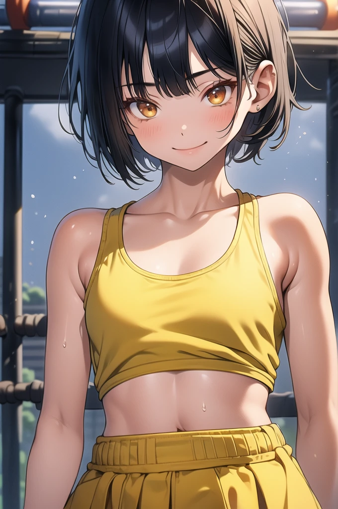 ((masterpiece,Highest quality:1.3,best quality illustration)),((realistic:1.2)),cowboy shot,solo,1woman,18 year old beauty、black hair,short bob hair,(center parted bangs),black eyes,(gorgeous big eyes),((very small head:1.4)),shy,smile,((slender body:1.2,skinny)),(tan skin:1.4),small breasts,(yellow tank top、school gym red buruma),gleaming skin,oily skin,slender body,sweat,standing,playground、Schoolyard、School、Tokyo、