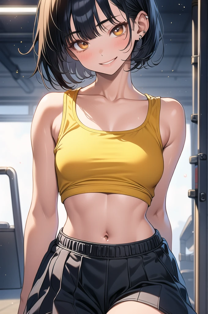 ((masterpiece,Highest quality:1.3,best quality illustration)),((realistic:1.2)),cowboy shot,solo,1woman,18 year old beauty、black hair,short bob hair,(center parted bangs),black eyes,(gorgeous big eyes),((very small head:1.4)),shy,smile,((slender body:1.2,skinny)),(tan skin:1.4),small breasts,(yellow tank top、school gym red buruma),gleaming skin,oily skin,slender body,sweat,standing,playground、Schoolyard、School、Tokyo、