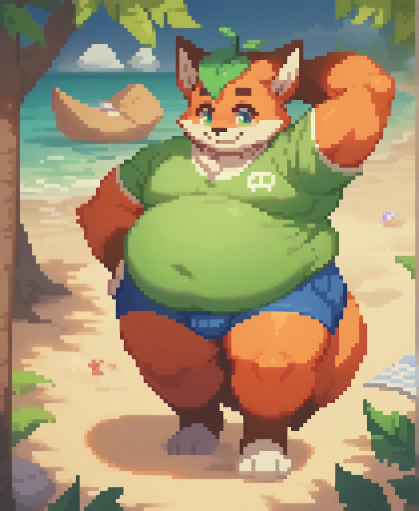 4k, pixel, 32bits, detailed eyes, green eyes, obese, gluttonous orange fox boy, big belly, furry, tree leaf over head, smile, beach grey clothes, beach background