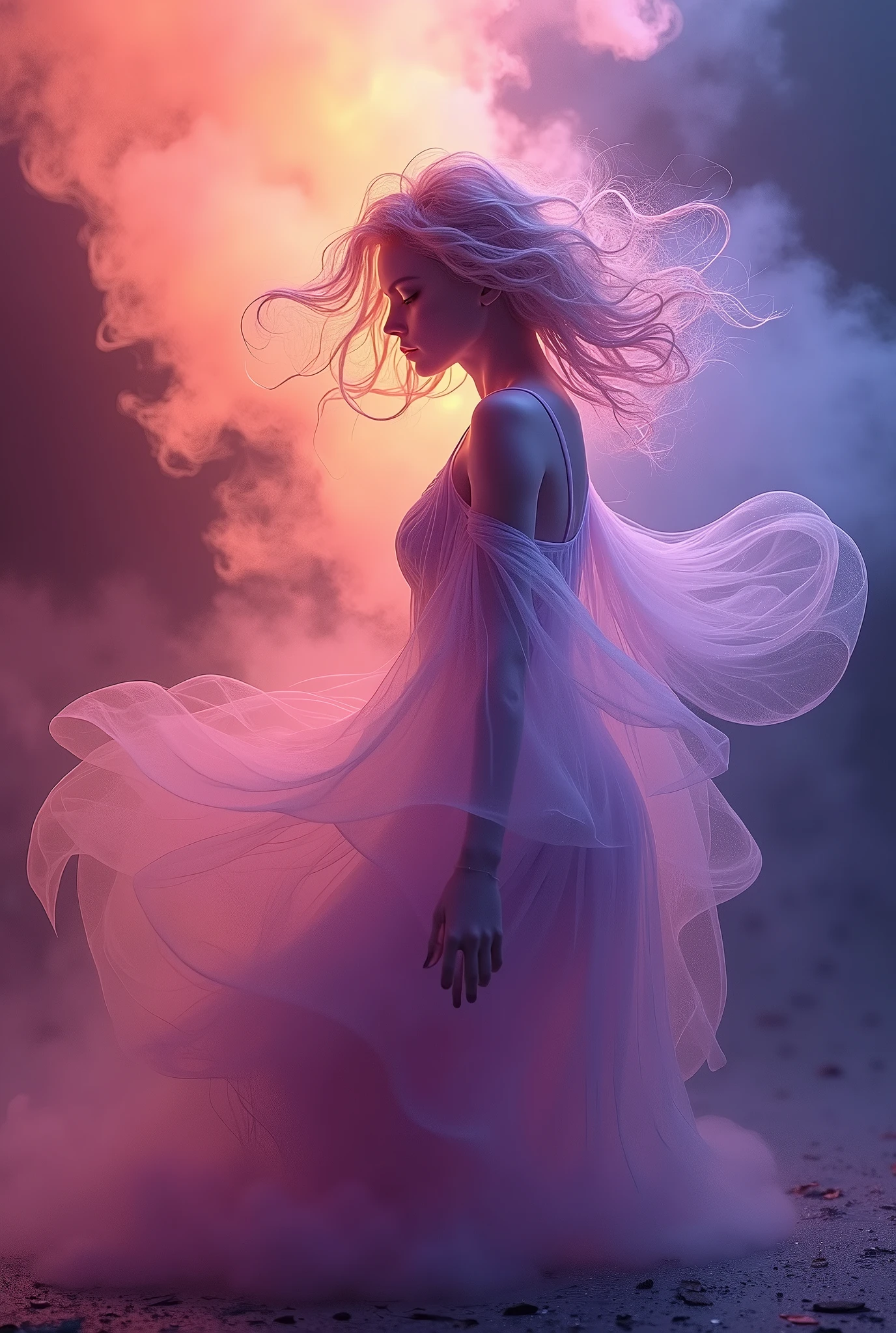 A mesmerizing 3D render by the skillful artist Mschiffe, showcasing a ghostly, smoke-like female figure dancing. The enigmatic woman appears in side view, exuding a mystical aura as she weaves through a colorful explosion of hues. Her ethereal form is embellished with motion effects, invoking a sense of fluidity and movement. The background is a breathtaking fusion of vibrant, muted colors that harmoniously blend with the eerie, yet captivating atmosphere of the scene.