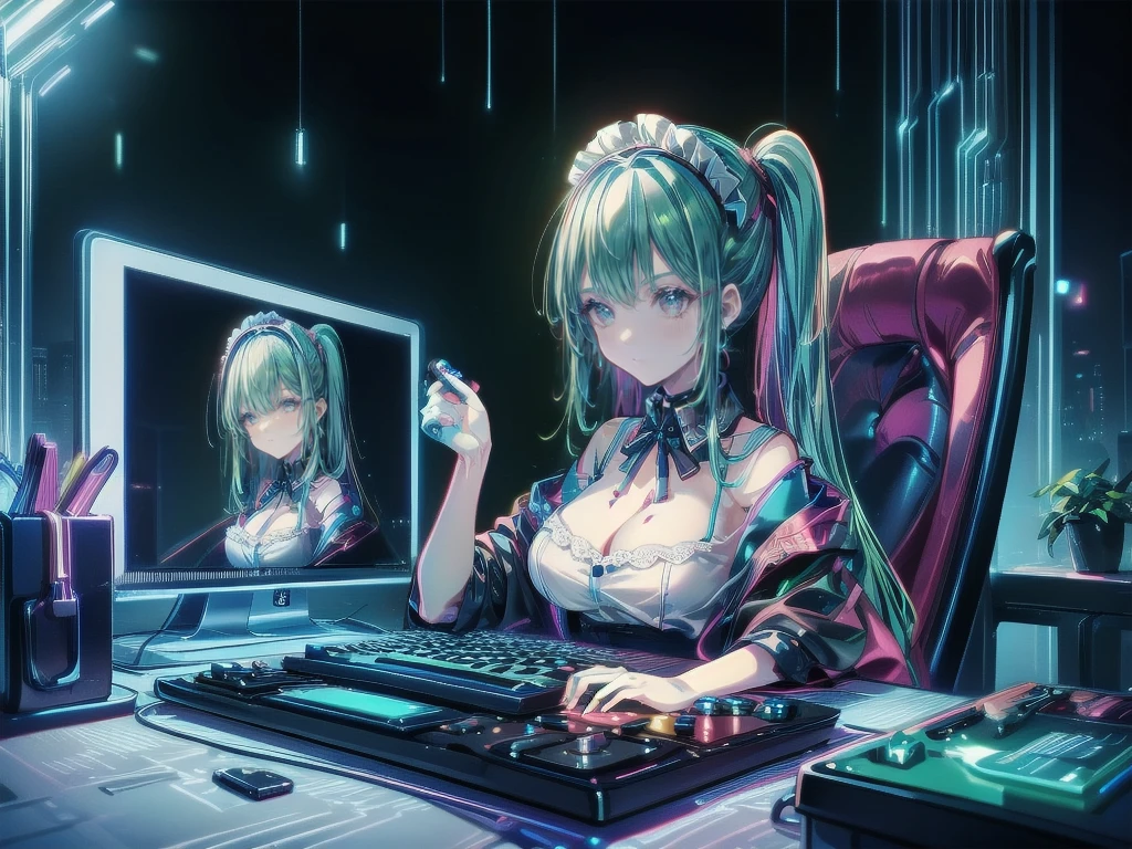 ((Highest quality)), ((masterpiece)), (detailed), Perfect Face, ((Highest quality, 8k, masterpiece: 1.3)), Sharp focus, Highly detailed face and skin texture, detailedな目, Maid Apron, White collar, Maid using a desktop computer, Playing games on a computer, Frame Rate, Computer Monitor, keyboard, Gaming Chair, Light blue hair, Bob cut to the jaw, Dimly lit room, Late Night, Addicted to the game, Bloodshot eyes