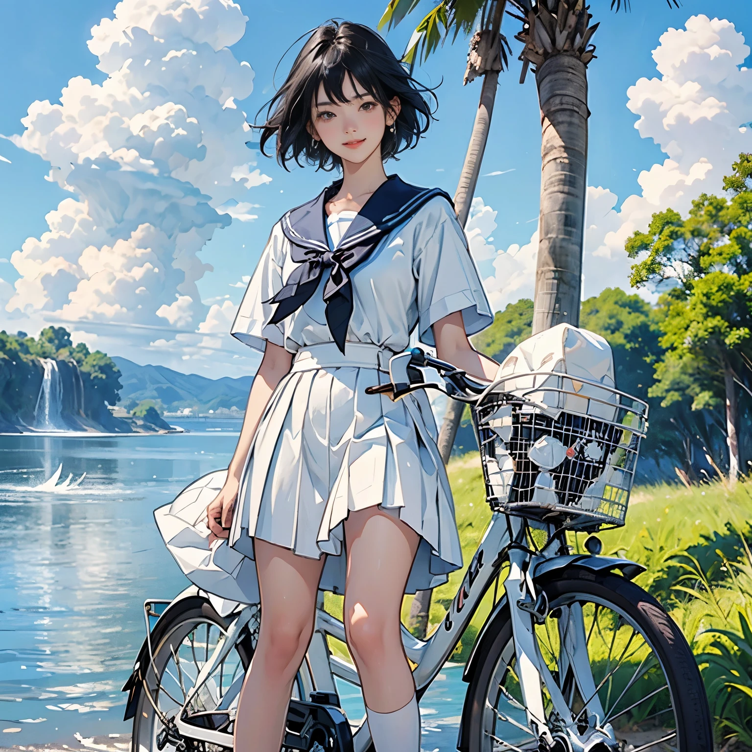 (A 15-year-old Japanese girl riding a white bicycle)、Small and cute、A white sailor dress with short sleeves、Hair color is black、black eye、Medium Hair、short hair、Straight hair、smile、Slim but well-proportioned body,、Wear loafers、Palm tree、countryside、A little overgrown grass、Beautiful blue sky and white cumulonimbus clouds、Beautiful sea、Summer blue sky, (Highest quality, masterpiece, High resolution)、8k、wallpaper、