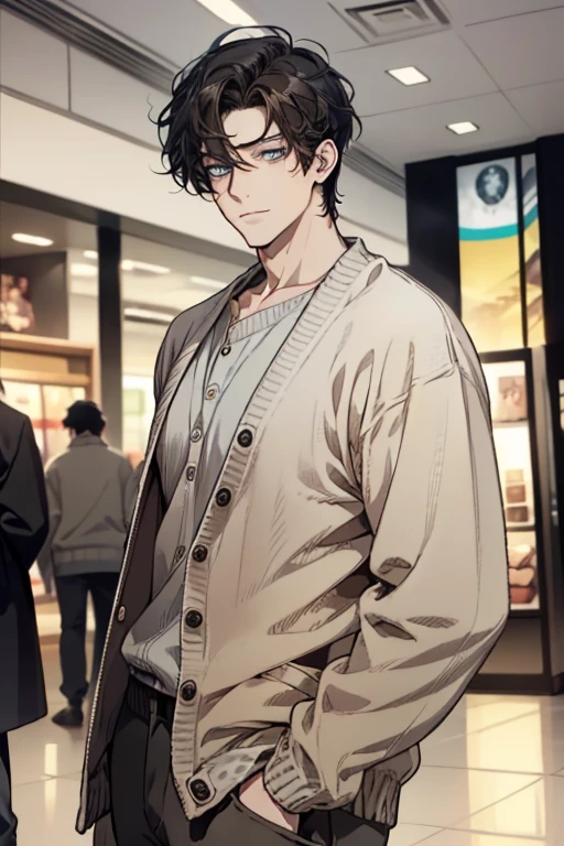 masterpiece, best quality, realistic, 1man, mature male, quiet and charming young man, 35 years old, close his eyes, ((soft smile)), closed mouth, extremely detailed face, a little distant, ((dark blue gray eyes)), ((short-side-swept sandy black hair)), [thick eyebrows], (caramel cardigan and brown trousers), (waiting in front of the store)