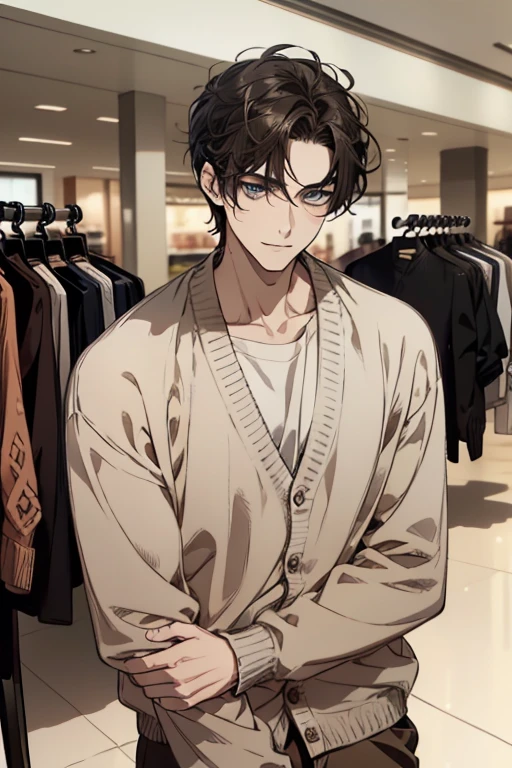masterpiece, best quality, realistic, 1man, mature male, quiet and charming young man, 35 years old, close his eyes, ((soft smile)), closed mouth, extremely detailed face, a little distant, ((dark blue gray eyes)), ((short-side-swept sandy black hair)), [thick eyebrows], (caramel cardigan and brown trousers), (waiting in front of the store)