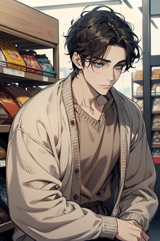 masterpiece, best quality, realistic, 1man, mature male, quiet and charming young man, 35 years old, close his eyes, ((soft smile)), closed mouth, extremely detailed face, a little distant, ((dark blue gray eyes)), ((short-side-swept sandy black hair)), [thick eyebrows], (caramel cardigan and brown trousers), (waiting in front of the store)
