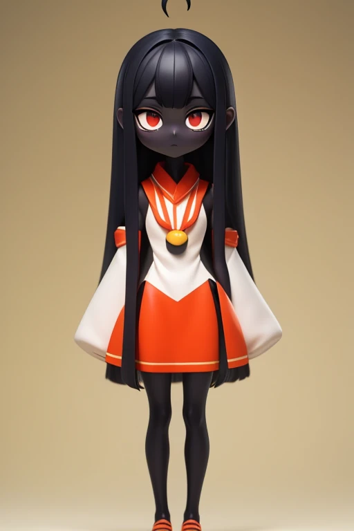 　Primary school students　young　small　height: 130cm　Standing picture Simple design　The dress is a one-piece　camisole　Sleeveless　No sleeve　Long Hair　Long black hair　Hair is black　Red eyes　Shoulder-baring ahoge　Kokeshi
