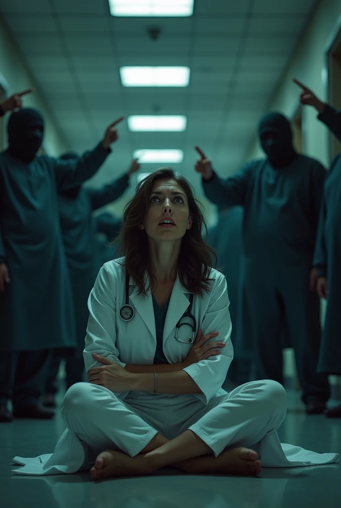 Ab afraid wounded women wearing white doctor coat sitting on the floor and everyone pointing finger towards her 