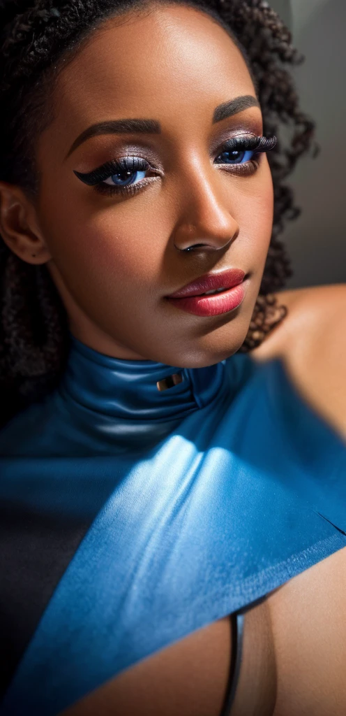 a black woman wearing a blue uniform, beautiful detailed eyes, beautiful detailed lips, extremely detailed face, long eyelashes, intricate details, photorealistic, cinematic lighting, dramatic shadows, hyperrealistic, sharp focus, vibrant colors, oil painting style, masterpiece, award-winning, stunning, breathtaking
