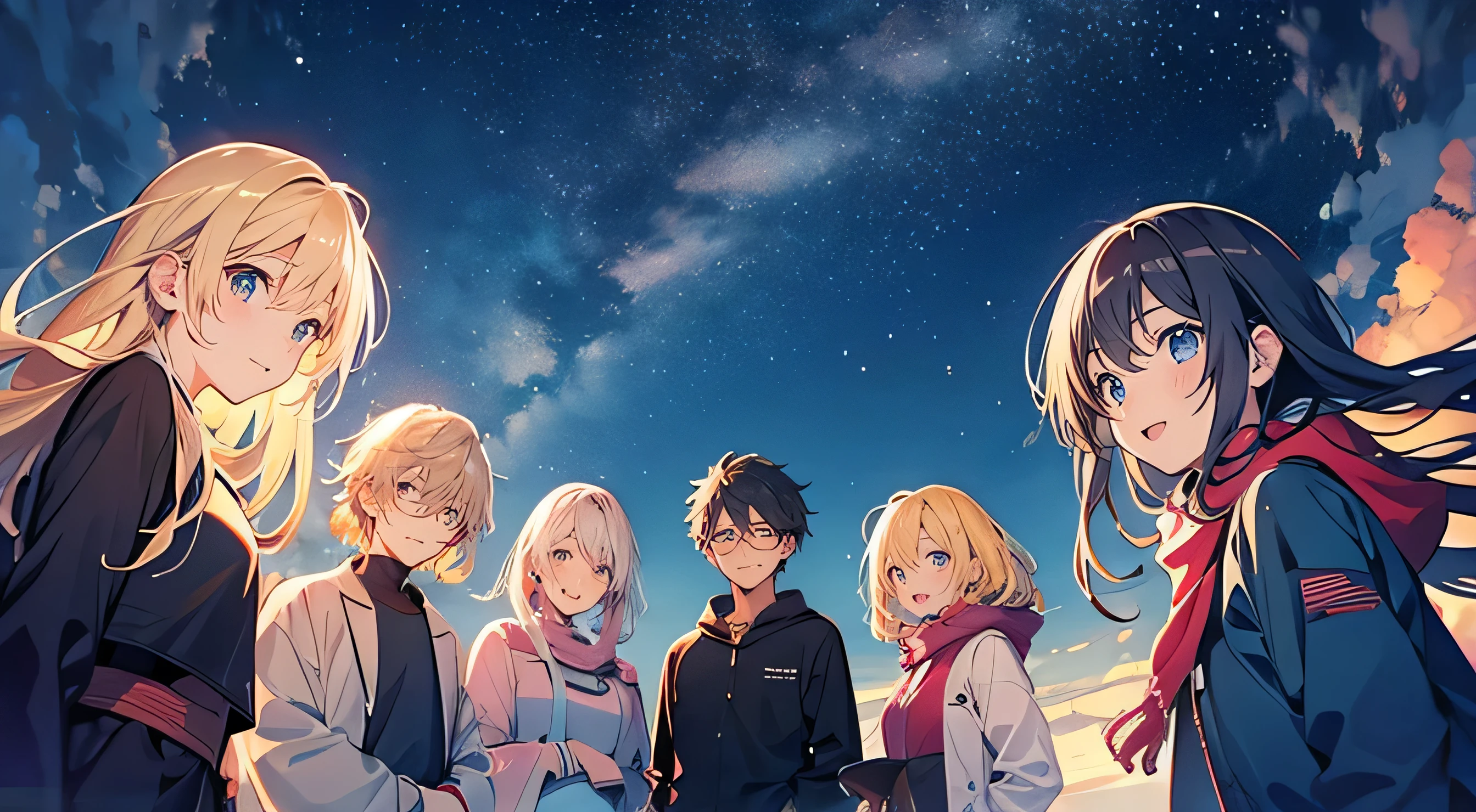 Group photo, 5-people, anime, Happy、Starry Sky
