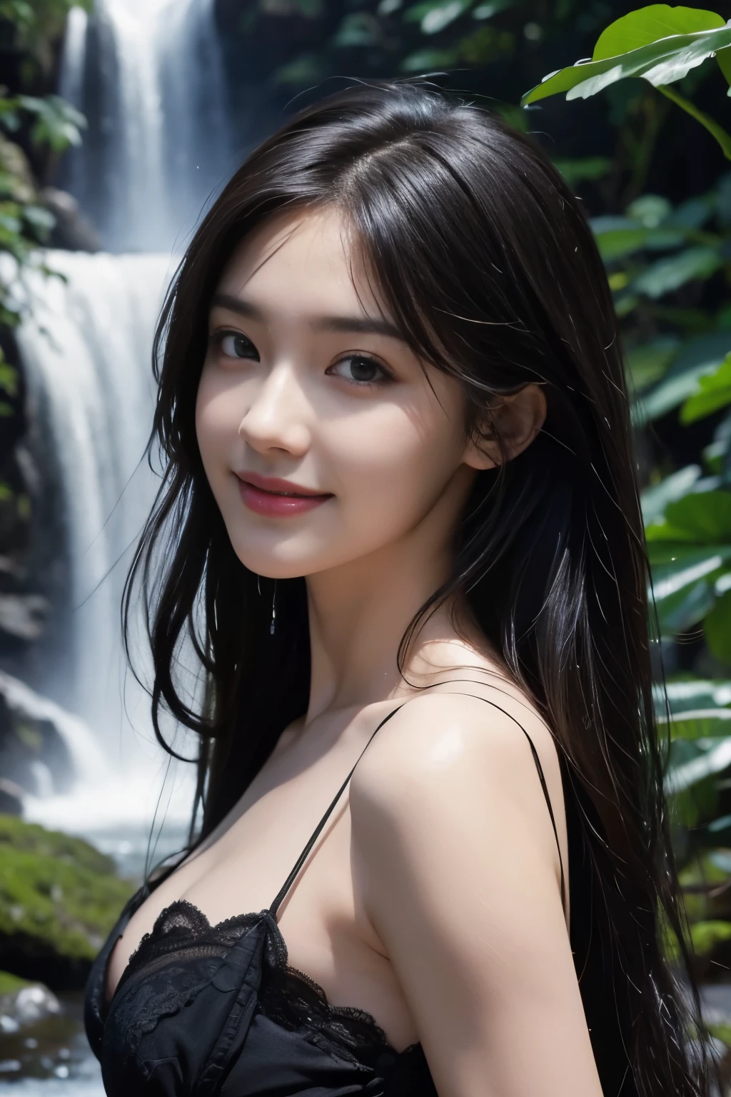 (ultra realistic) , (illustration), (increase resolution), (8K), (extremely detailed), (best illustration), (beautiful detailed eyes), (best quality), (ultra-detailed), (masterpiece), (wallpaper), (detailed face), 1 girl, black straight hair, slender body, delicate details, in the dark, deep shadow, low key, pureerosfaceace_v1, happy smile, summer dress, waterfall, rainforest