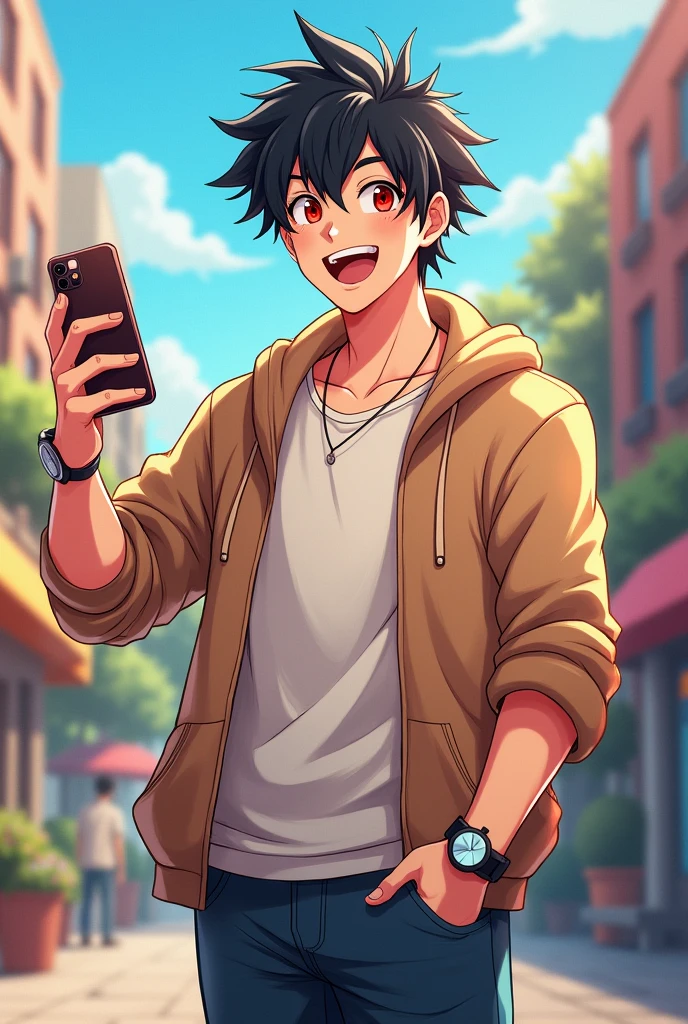 Anime-style Male Character with a Happy Face, Holding a Phone in His Right Hand. He's Wearing a Sweater and Shirt, a Watch on His Left Hand, and has Red Eyes and Black Hair.